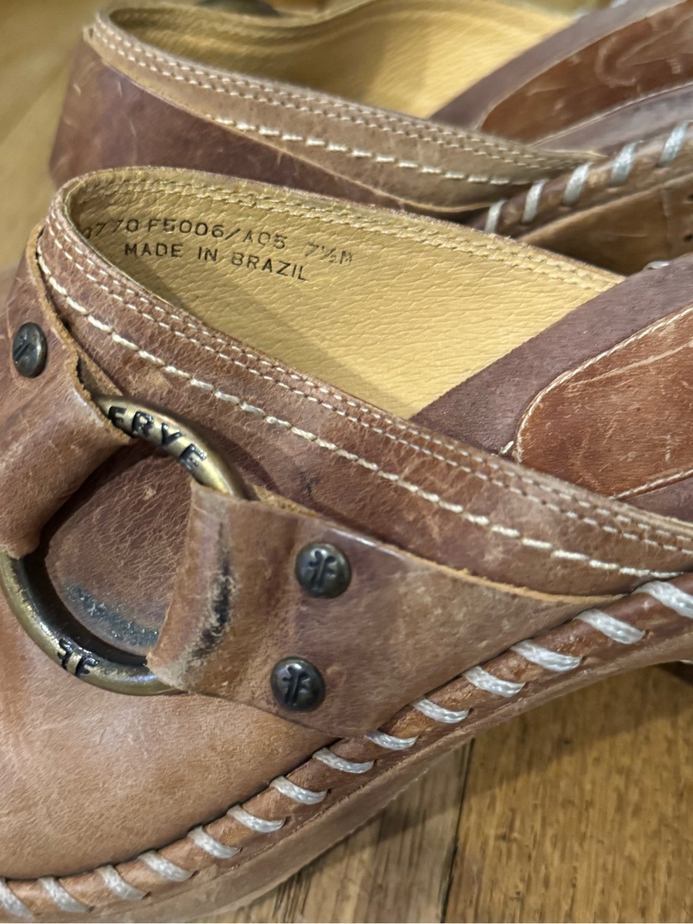 Size 7.5 Vintage Frye Brown Leather Buckled Clogs - Picture 4 of 7